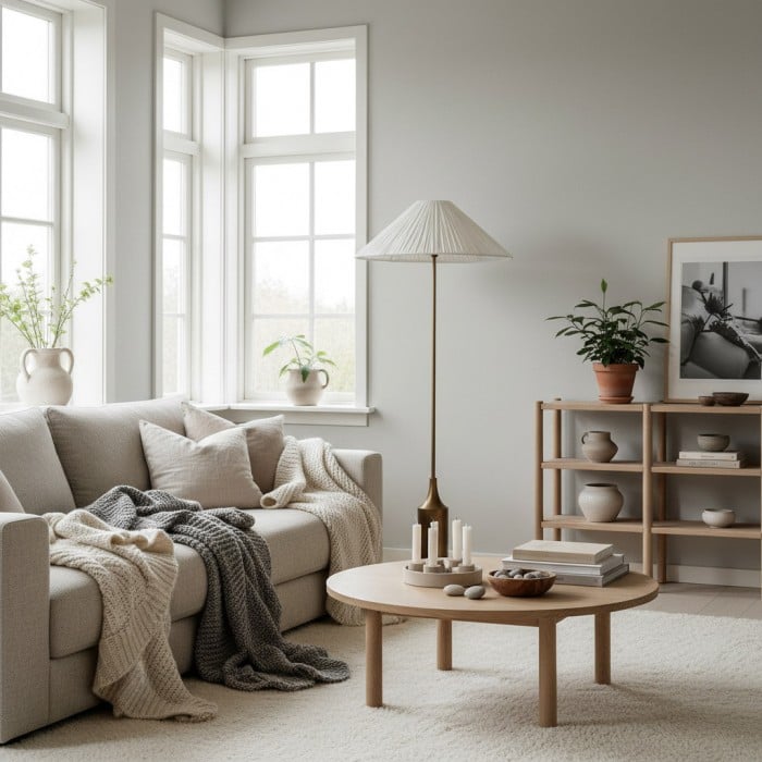 Lindi - Stehlampe aus gealtertem Messing und Leinen mit Wellenkante HL1801