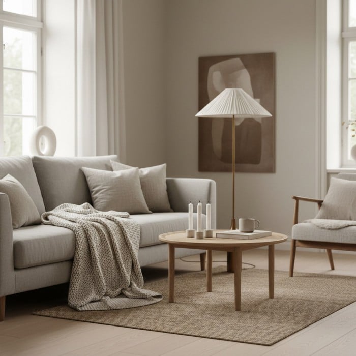 Lindi - Stehlampe aus gealtertem Messing und Leinen mit Wellenkante HL1801