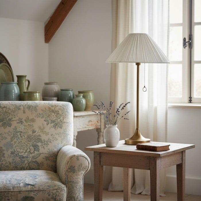 Lindi - Tischlampe aus gealtertem Messing und gewelltem Leinen HL1802