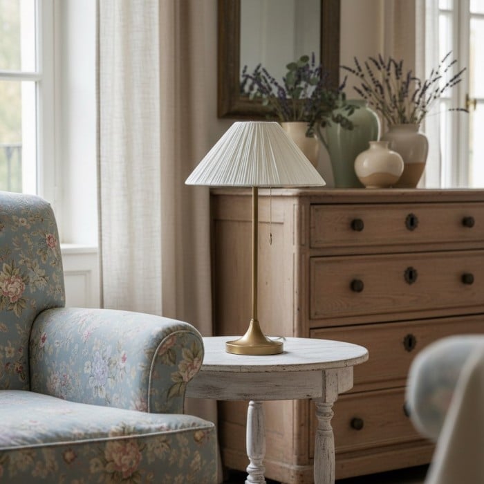 Lindi - Tischlampe aus gealtertem Messing und gewelltem Leinen HL1802