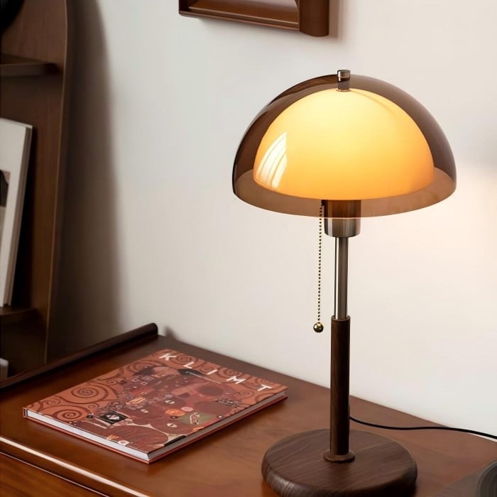 Vintage-Tischleuchte in Pilzform aus Acryl – Holzsockel und Zugmechanismus HL1837