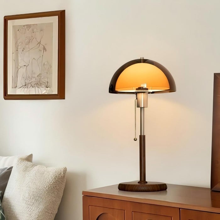 Vintage-Tischleuchte in Pilzform aus Acryl – Holzsockel und Zugmechanismus HL1837