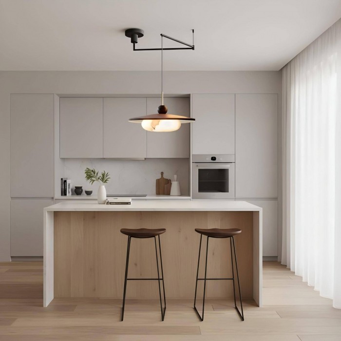 Modern svängarmshängelampa i trä med skiva HL1057