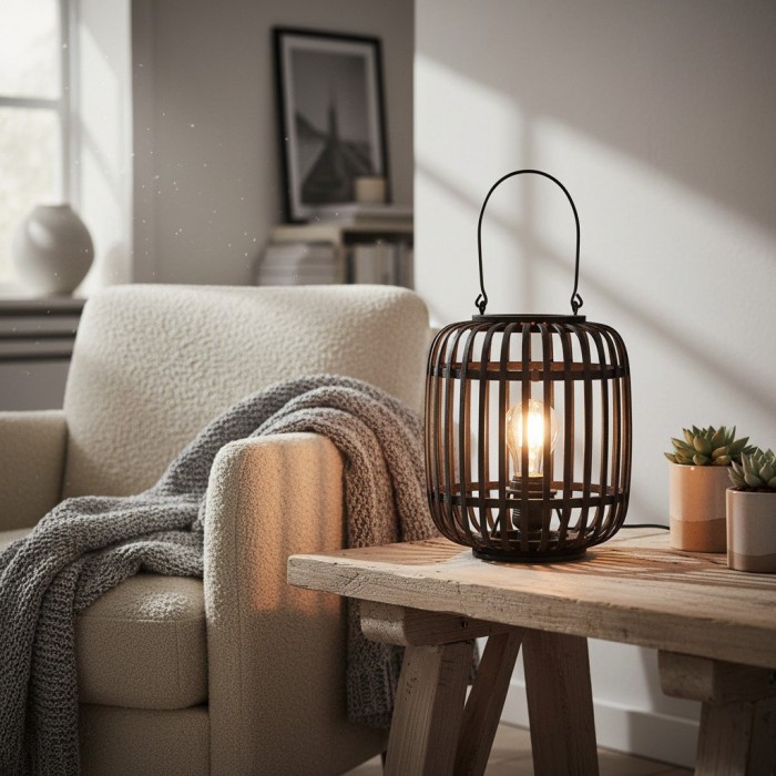 Yumeko Ambient Table Lamp - Open Bamboo Cage Design Stylish and Eco Friendly for Living & Bedroom HL2185