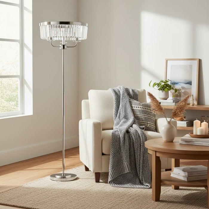 Lampadaire rond Beveline à 3 lumières - Abat-jour en verre taillé à facettes, finition métal classique, idéal pour le salon