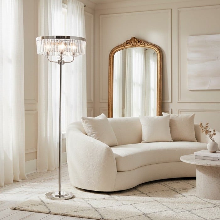 Lampadaire rond Beveline à 3 lumières - Abat-jour en verre taillé à facettes, finition métal classique, idéal pour le salon