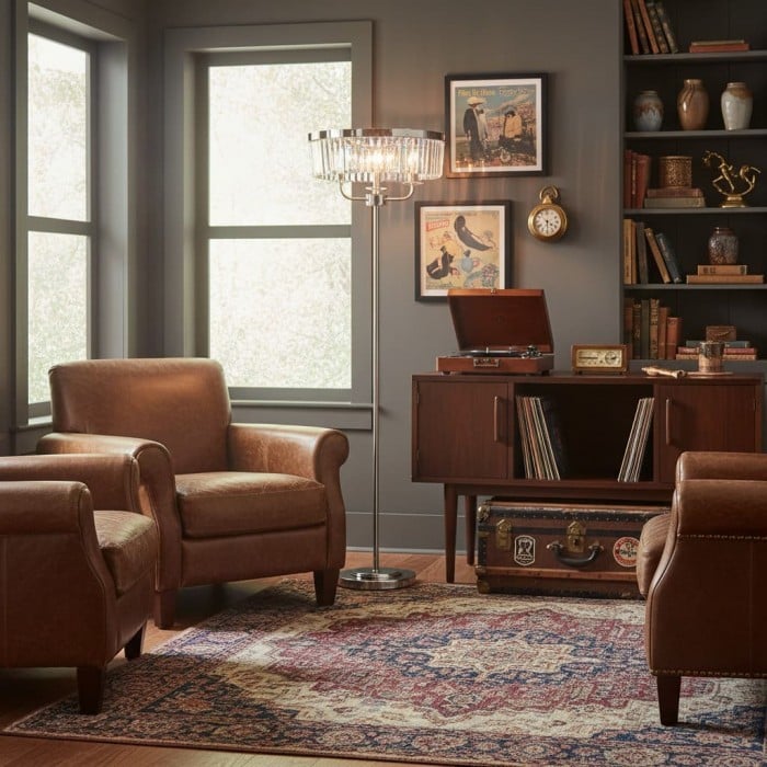 Lampadaire rond Beveline à 3 lumières - Abat-jour en verre taillé à facettes, finition métal classique, idéal pour le salon