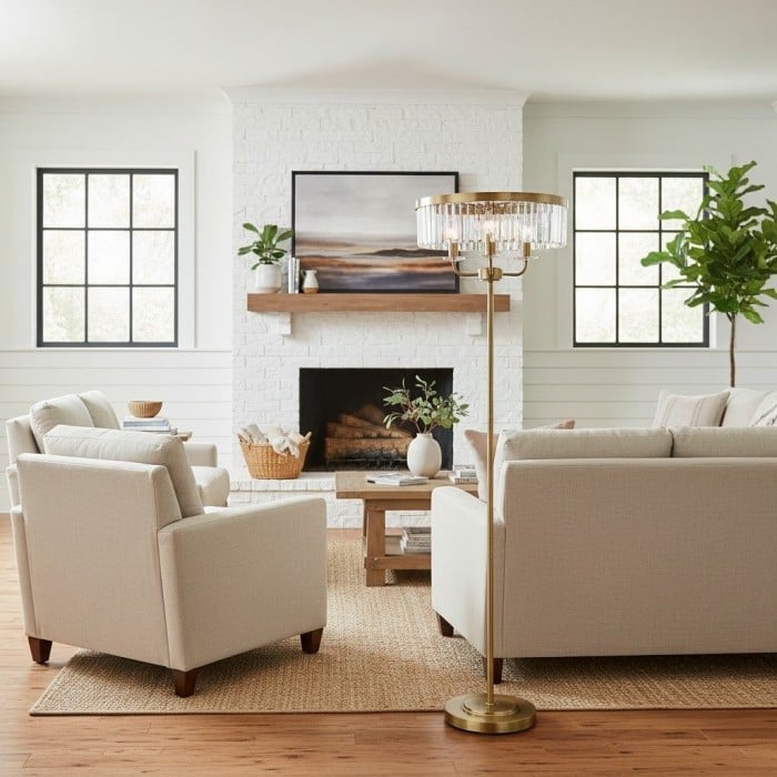 Lampadaire rond Beveline à 3 lumières - Abat-jour en verre taillé à facettes, finition métal classique, idéal pour le salon