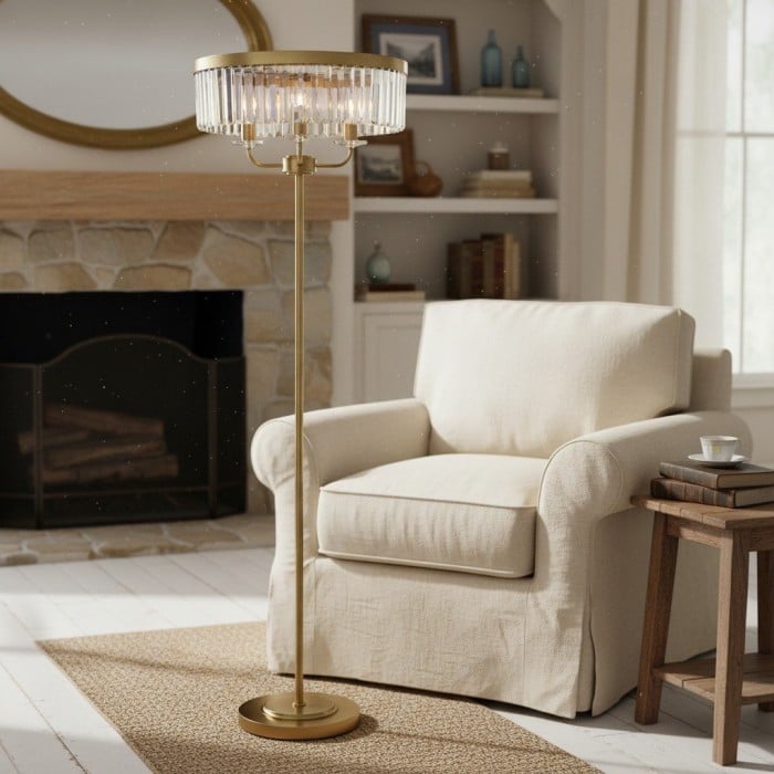 Lampadaire rond Beveline à 3 lumières - Abat-jour en verre taillé à facettes, finition métal classique, idéal pour le salon