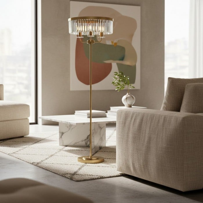 Lampadaire rond Beveline à 3 lumières - Abat-jour en verre taillé à facettes, finition métal classique, idéal pour le salon