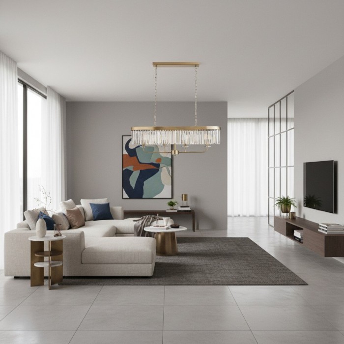 Beveline 4-lichts lineaire plafondpendel met geslepen facetglas - Strak metalen frame voor eetkamer HL2054