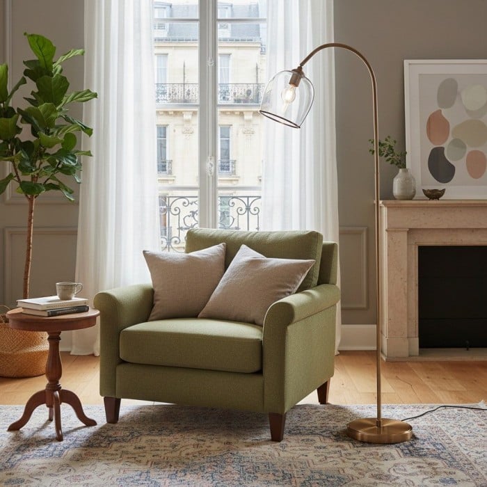 Lampadaire Brazara avec abat-jour en verre ajustable et pied en métal courbé pour espaces de vie HL2091