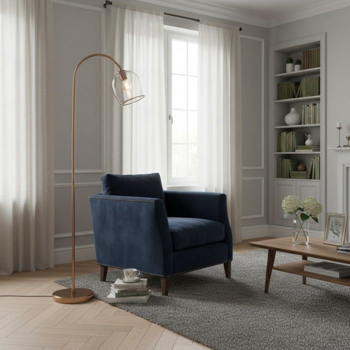 Lampadaire Brazara avec abat-jour en verre ajustable et pied en métal courbé pour espaces de vie HL2091