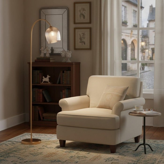 Lampadaire Brazara avec abat-jour en verre ajustable et pied en métal courbé pour espaces de vie HL2091