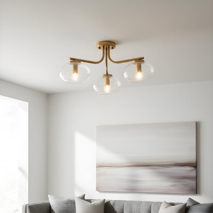 Bublaris Bubble-Glass Semi-Flush Ceiling Light - Curved Brass Arms for Living Room or Hallway HL2154