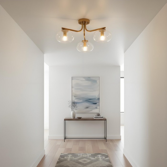 Bublaris Bubble-Glass Semi-Flush Ceiling Light - Curved Brass Arms for Living Room or Hallway HL2154