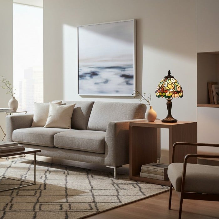 Calyra Vintage Floral Stained Glass Table Lamp - Art Deco Tiffany Style Accent Light for Bedside and Living Room HL2086