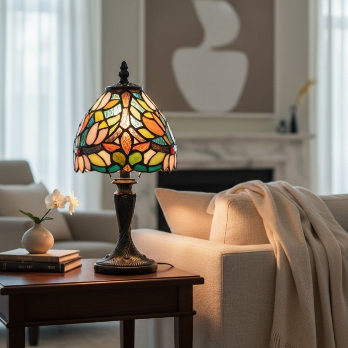 Calyra Vintage Floral Stained Glass Table Lamp - Art Deco Tiffany Style Accent Light for Bedside and Living Room HL2086