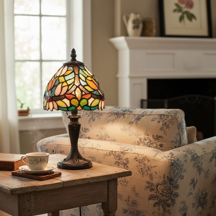 Calyra Vintage Tafellamp met Bloemenmotief en Glas-in-lood - Art Deco Tiffany Stijl Accentlamp voor Naast het bed en in de