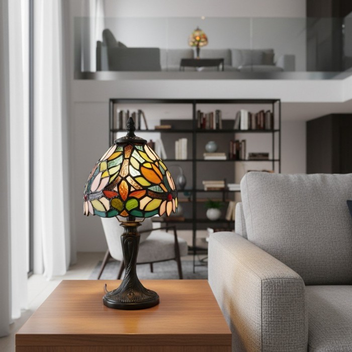 Calyra Vintage Floral Stained Glass Table Lamp - Art Deco Tiffany Style Accent Light for Bedside and Living Room HL2086