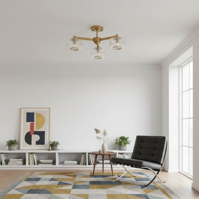 Canovus Ceiling Fixture with Ribbed Glass - Industrial Metal Living Room Light HL2226