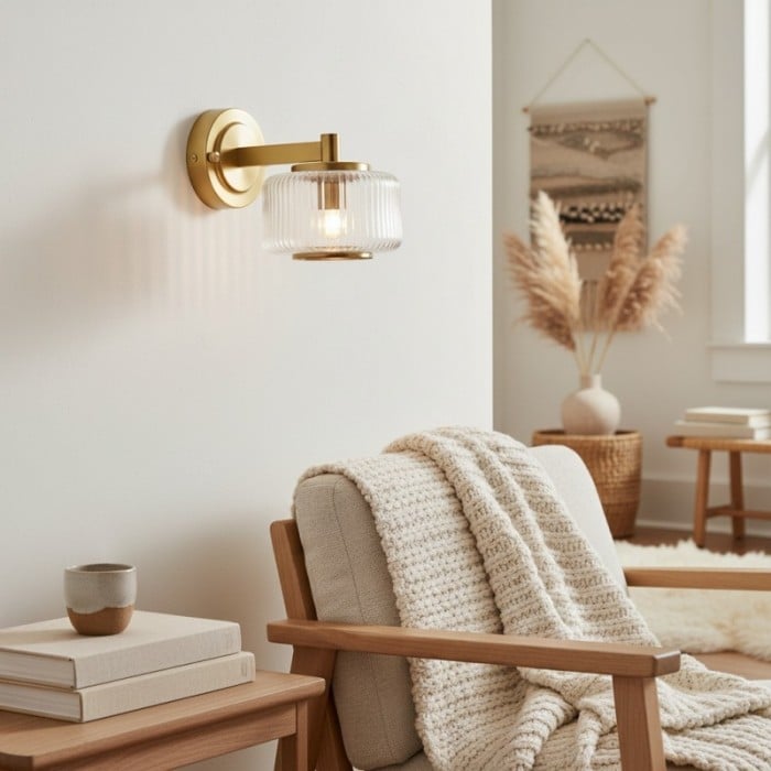 Canovus wandlamp met geribbelde glazen kap - elegante messing wandlamp voor woonkamerverlichting HL2235