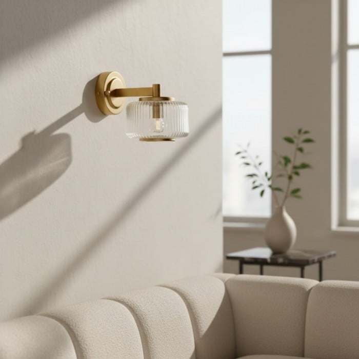 Canovus wandlamp met geribbelde glazen kap - elegante messing wandlamp voor woonkamerverlichting HL2235