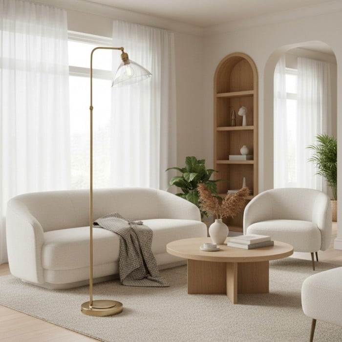 Lampadaire Art Déco Clarione avec abat-jour en verre transparent et base en métal HL2096