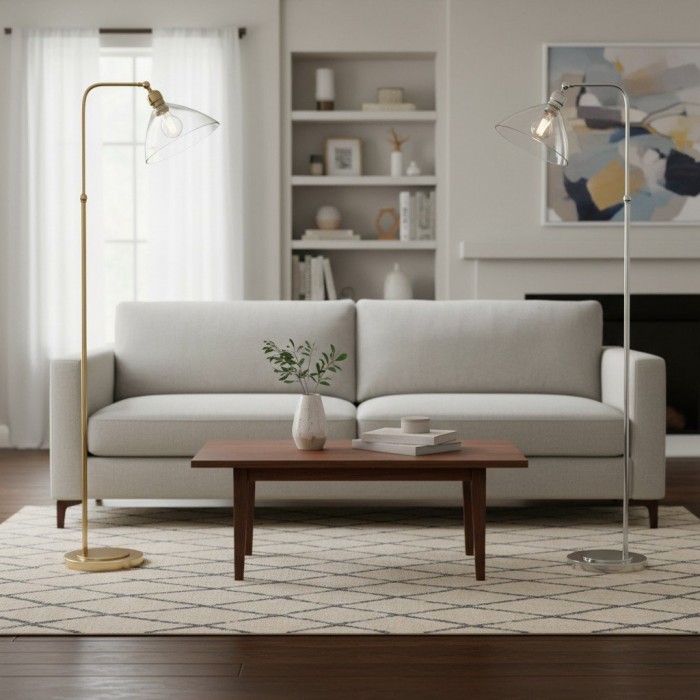 Lampadaire Art Déco Clarione avec abat-jour en verre transparent et base en métal HL2096