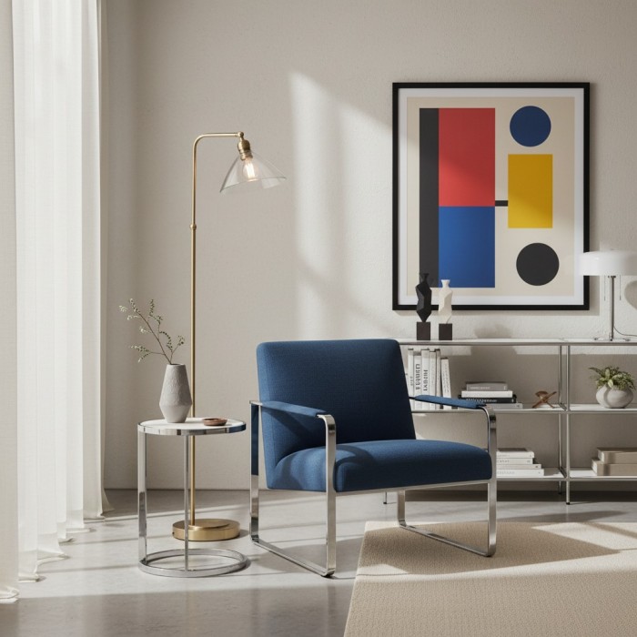 Lampadaire Art Déco Clarione avec abat-jour en verre transparent et base en métal HL2096