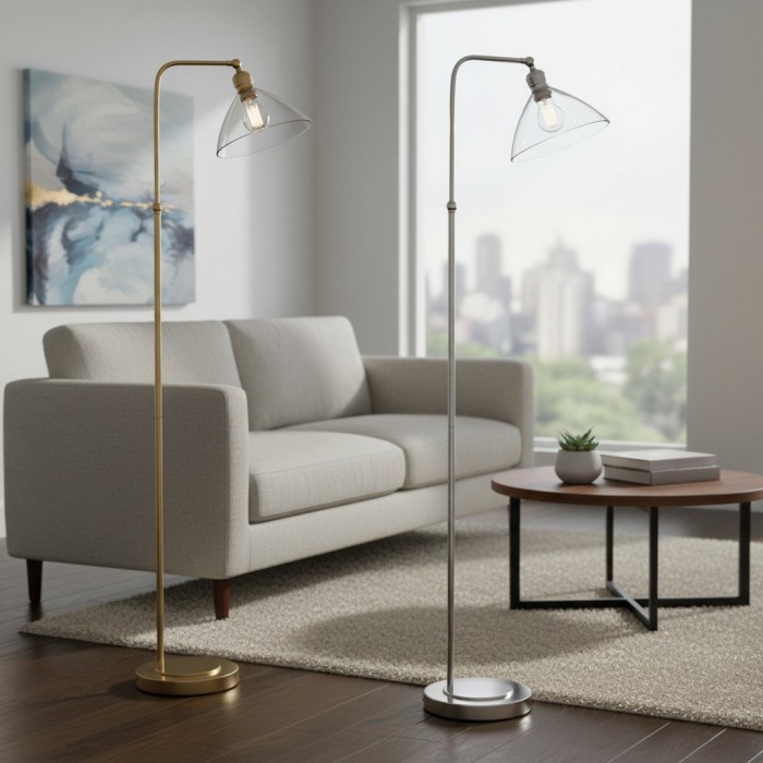 Lampadaire Art Déco Clarione avec abat-jour en verre transparent et base en métal HL2096