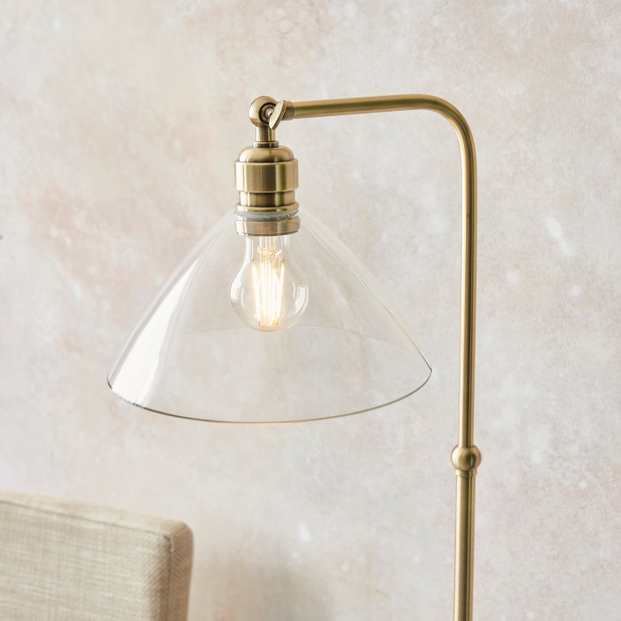 Lampadaire Art Déco Clarione avec abat-jour en verre transparent et base en métal HL2096