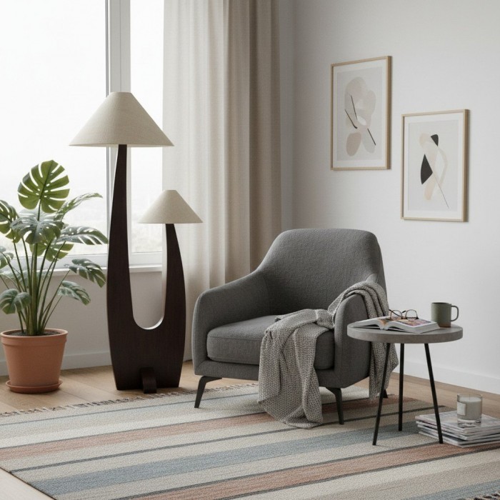 Cordove Arc vloerlamp - Modern organisch ontwerp van massief hout en stof voor de woonkamer HL1882