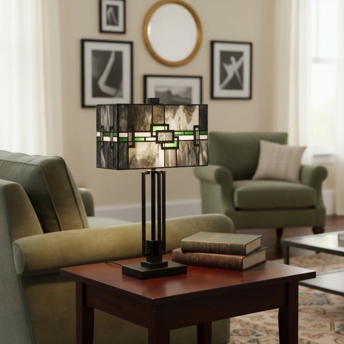 Culletto Stained-Glass Rectangular Table Lamp - Artisan Look for Bedrooms and Hallways HL2195