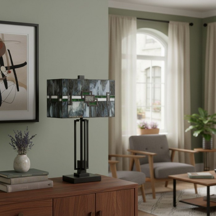 Culletto Stained-Glass Rectangular Table Lamp - Artisan Look for Bedrooms and Hallways HL2195