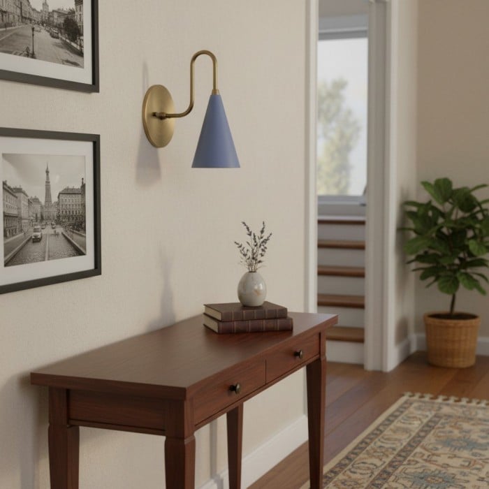 Applique murale Curva en métal avec abat-jour conique - Applique murale vintage en laiton pour entrée ou cage d'escalier HL1967