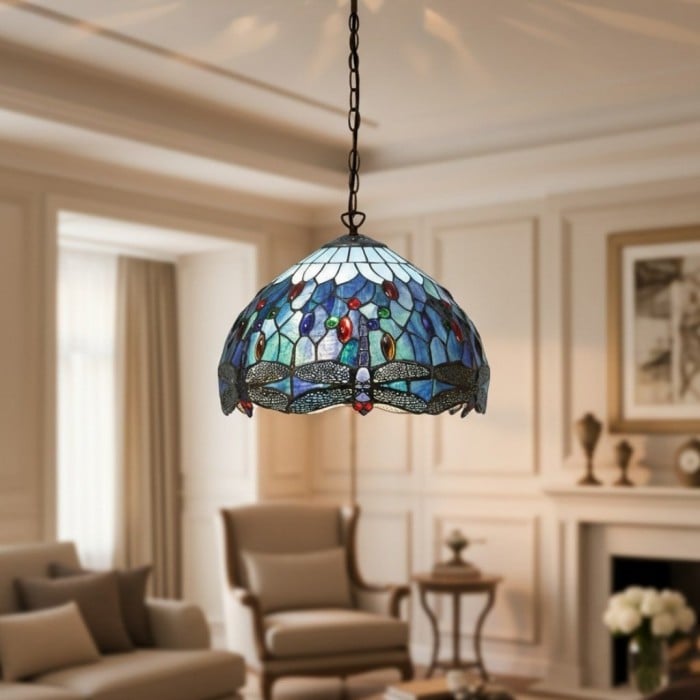 TF Dragonfly Blue Tiffany Plafondlamp - Art Nouveau Hanglamp met gebrandschilderd glas voor de woonkamer HL2045