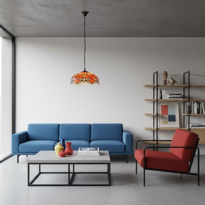 TF Dragonfly Blue Tiffany hanglamp - Art Nouveau hanglamp met glas-in-lood voor de woonkamer HL2045