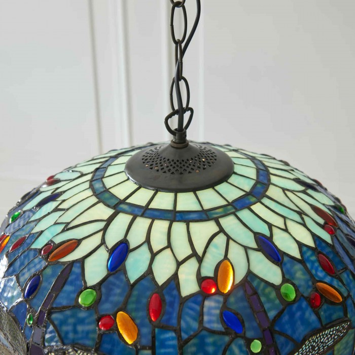 TF Dragonfly Blue Tiffany hanglamp - Art Nouveau hanglamp met glas-in-lood voor de woonkamer HL2045