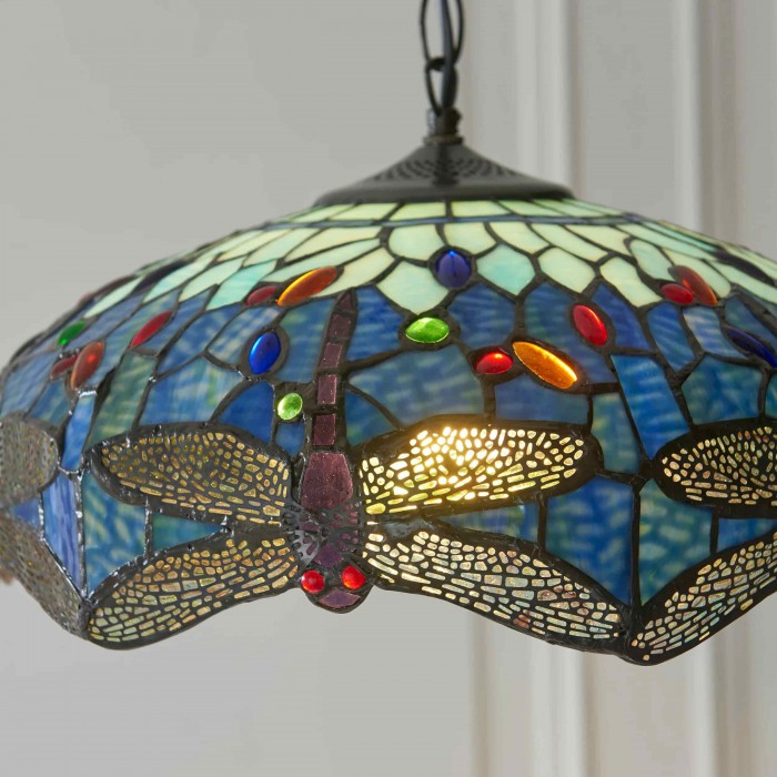 TF Dragonfly Blue Tiffany hanglamp - Art Nouveau hanglamp met glas-in-lood voor de woonkamer HL2045