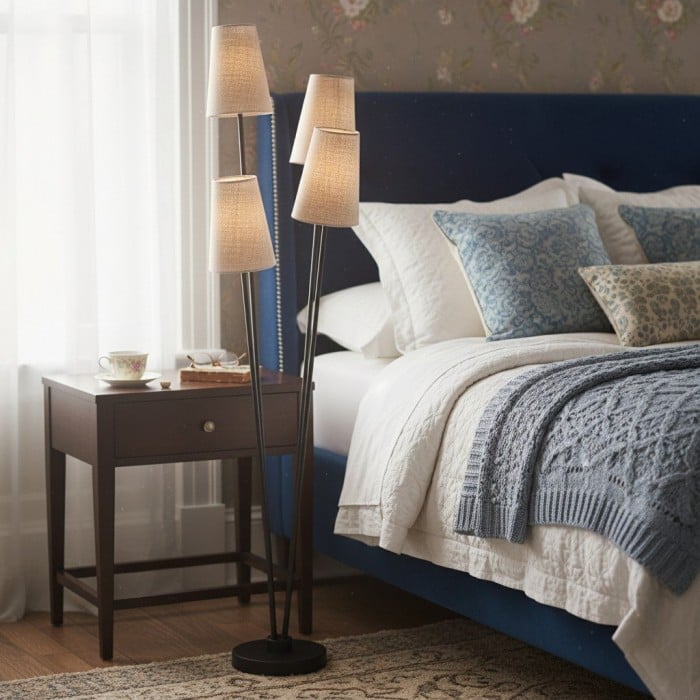 Duova vloerlamp met 4 lichtpunten - Vloerlamp met stoffen kap voor leeshoekjes of woonruimtes HL1898