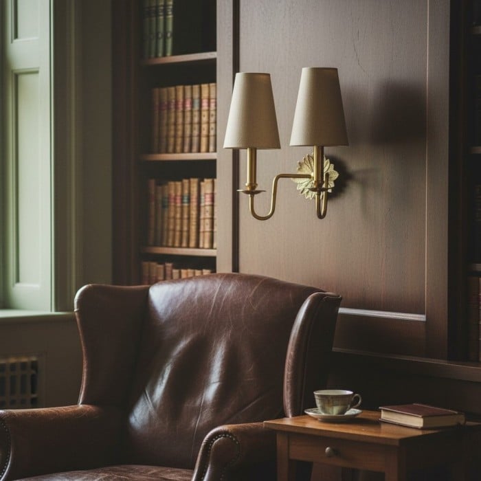 Applique double Duova - Métal laiton antique et abat-jour en lin pour chambre ou bureau HL1896