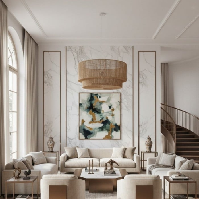 Florevian Woven Jute Hanging Light - Boho Chic Drum Pendant for Living or Dining HL1870