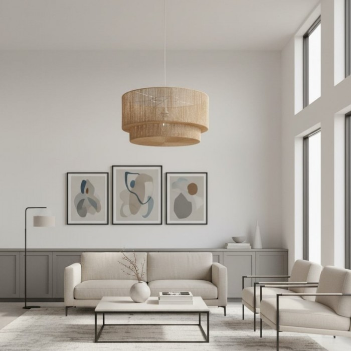 Florevian Woven Jute Hanging Light - Boho Chic Drum Pendant for Living or Dining HL1870