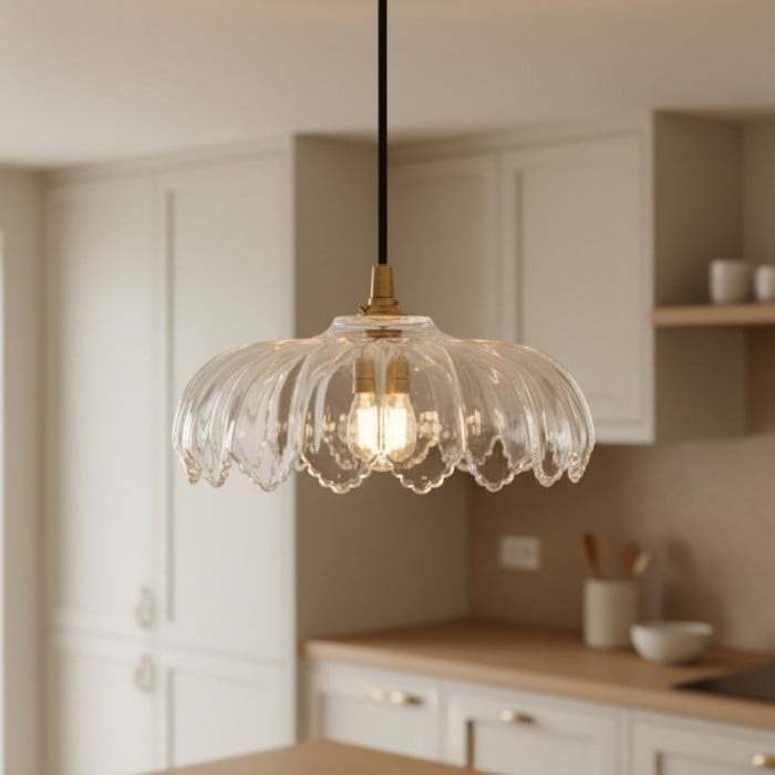 Floriaxis Floral Glass Pendant Light - Floral Glass Shade with Braided Cable for Kitchen or Dining HL2155