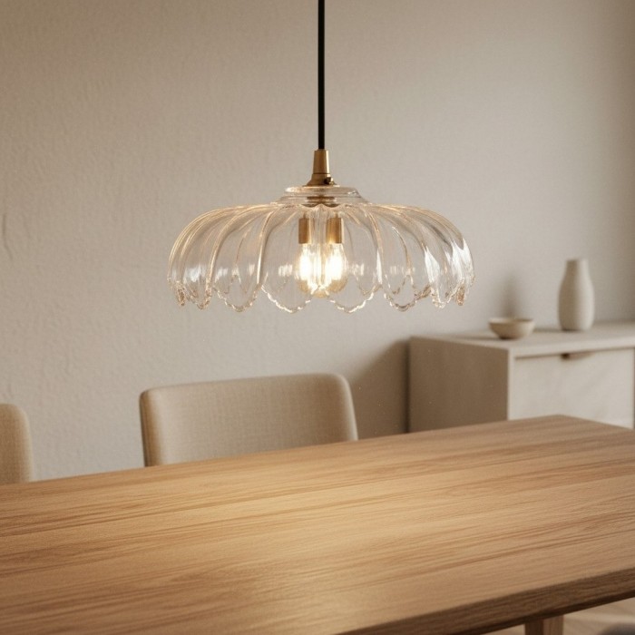 Floriaxis Floral Glass Pendant Light - Floral Glass Shade with Braided Cable for Kitchen or Dining HL2155