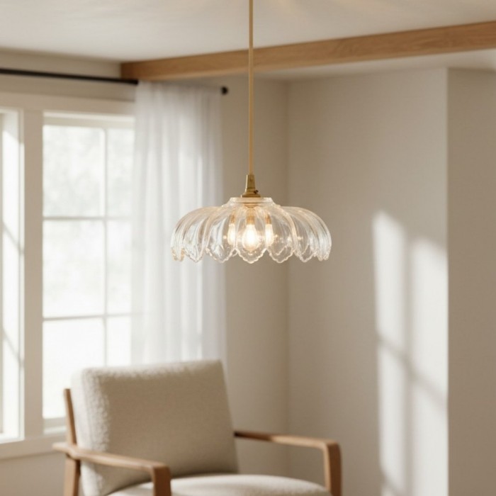 Floriaxis Floral Glass Pendant Light - Floral Glass Shade with Braided Cable for Kitchen or Dining HL2155
