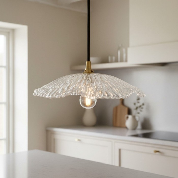 Floriaxis Floral Glass Pendant Light - Floral Glass Shade with Braided Cable for Kitchen or Dining HL2155