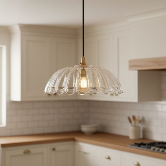 Floriaxis Floral Glass Pendant Light - Floral Glass Shade with Braided Cable for Kitchen or Dining HL2155