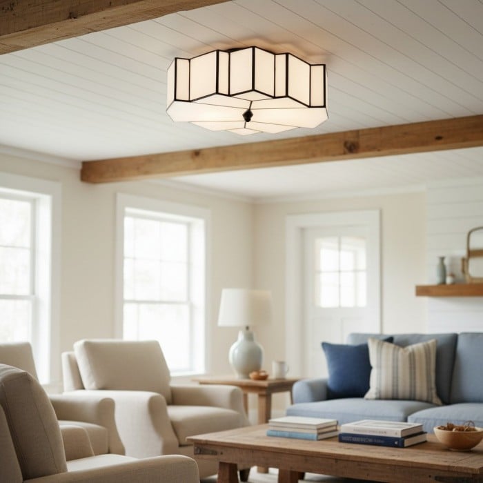 Kelsar Art Deco Tiffany Ceiling Light - Geometric Stained Glass Flush Mount Fixture for Living Room HL2101